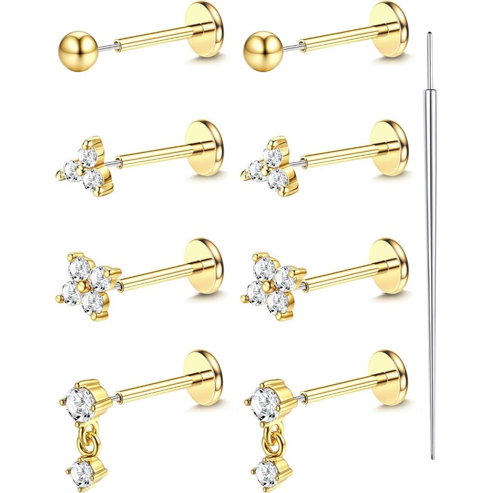 18K Gold Plated Threadless Flat Back Earrings Studs 316L Surgical Steel Push in